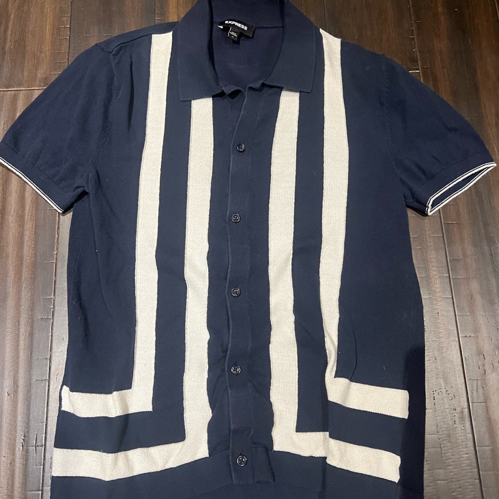 Navy Striped Express Knit Button Up Polo